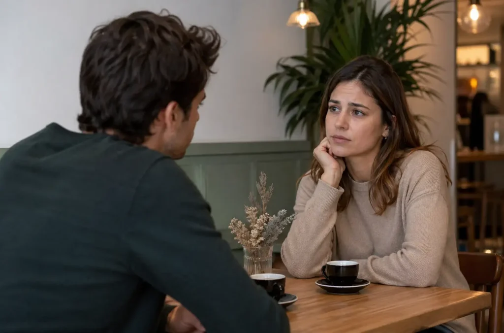Mi ex me escribe pero no quiere volver: cómo entenderlo sin hacerte daño 43 Expareja hablando en una cafetería con tensión emocional y señales ambiguas