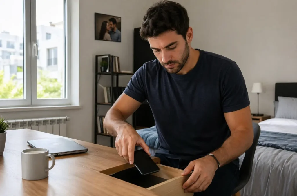 Reglas del contacto cero: la guía definitiva para estar sin contacto 42 Hombre guardando el móvil en un cajón para evitar revisar mensajes durante el contacto cero