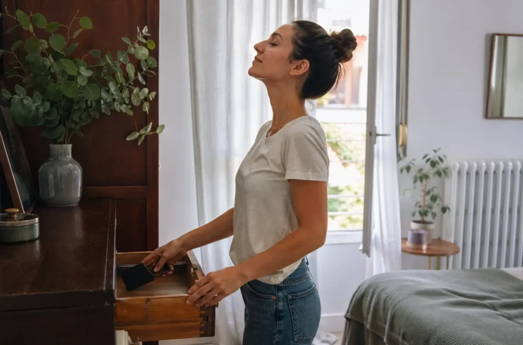 Mi ex me escribe pero no quiere volver: cómo entenderlo sin hacerte daño 44 Mujer guardando el móvil en un cajón para tomar distancia y proteger su bienestar emocional