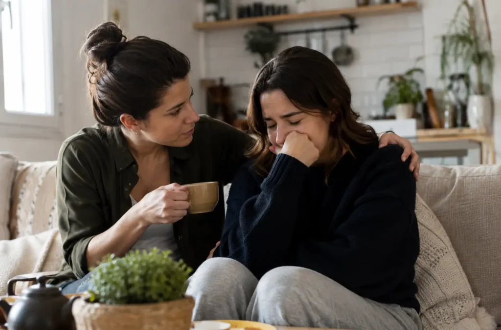 Qué hacer si te dejaron ayer: una guía para las primeras 24 horas 42 Amiga consolando a una mujer que acaba de pasar por una ruptura amorosa