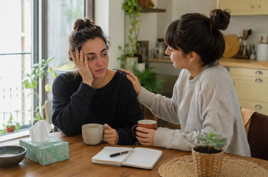 Recaídas en el proceso de recuperación de una ruptura: cómo avanzar sin culparte 34 Mujer recibiendo apoyo de una amiga durante el proceso de recuperación tras una ruptura