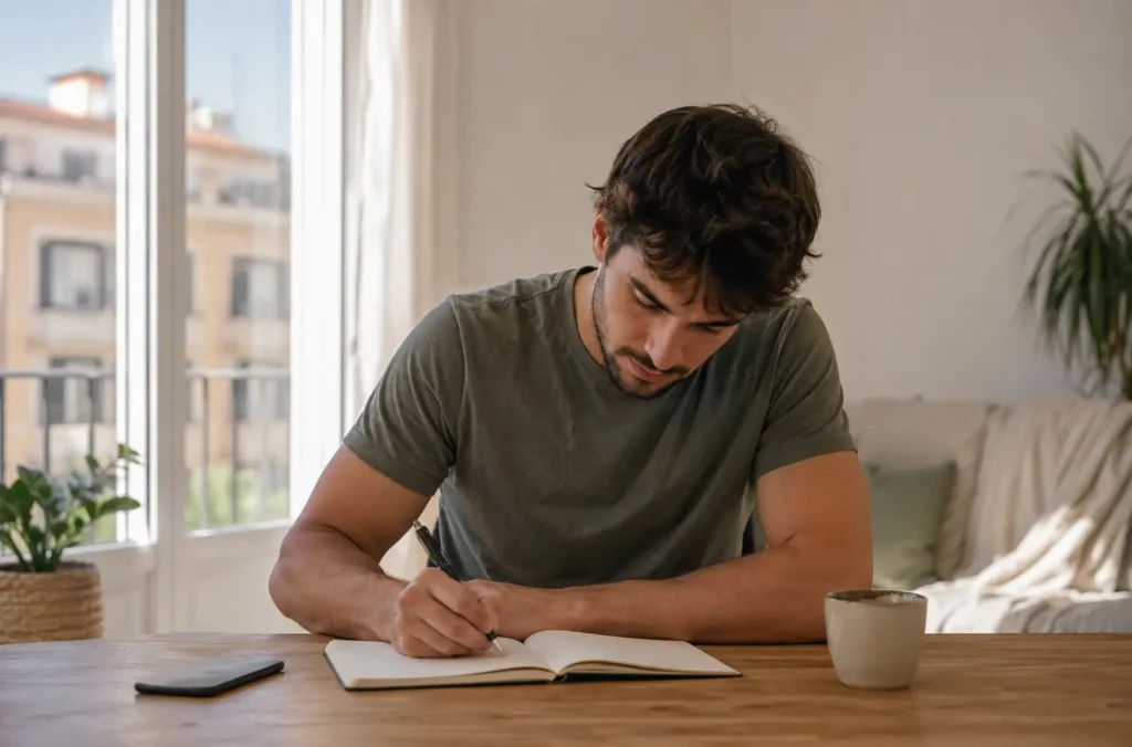 Primera semana de contacto cero: qué hacer en los primeros días 32 Hombre escribiendo en un cuaderno para gestionar emociones en los primeros días de contacto cero