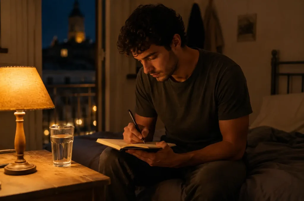 No puedo dormir pensando en mi ex: cómo calmar tu mente esta noche 32 Hombre escribiendo en un cuaderno por la noche para calmar la mente después de una ruptura