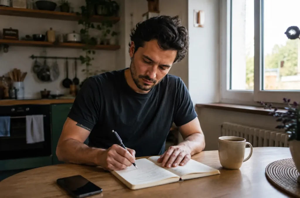 Primer mes de contacto cero: qué hacer, qué evitar y cómo sostenerlo 32 Hombre escribiendo en un diario para sostener el contacto cero y ordenar sus emociones