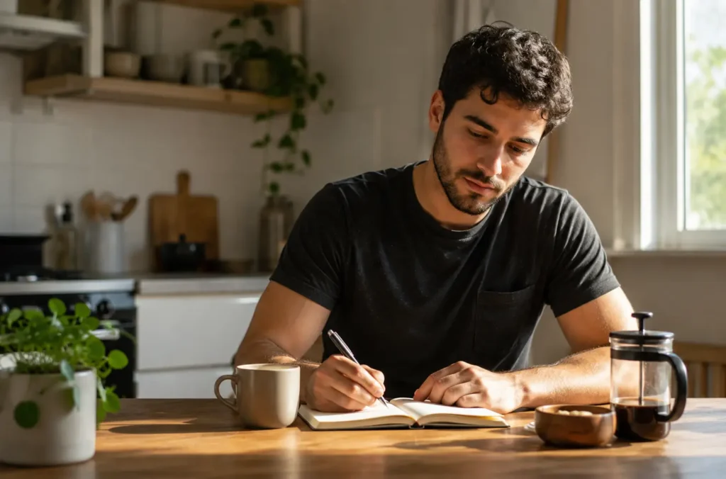 Me despierto pensando en mi ex: cómo bajar la intensidad al empezar el día 32 Hombre escribiendo en un diario por la mañana para ordenar sus emociones tras una ruptura