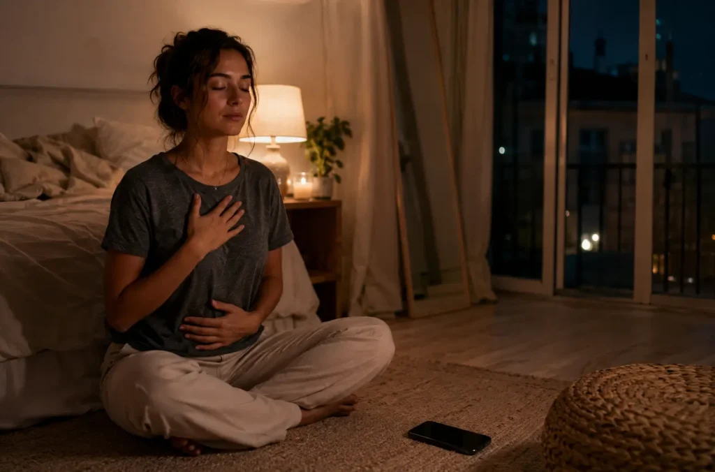 No puedo dormir pensando en mi ex: cómo calmar tu mente esta noche 33 Mujer haciendo respiración y relajación nocturna en su habitación para dormir mejor tras una ruptura