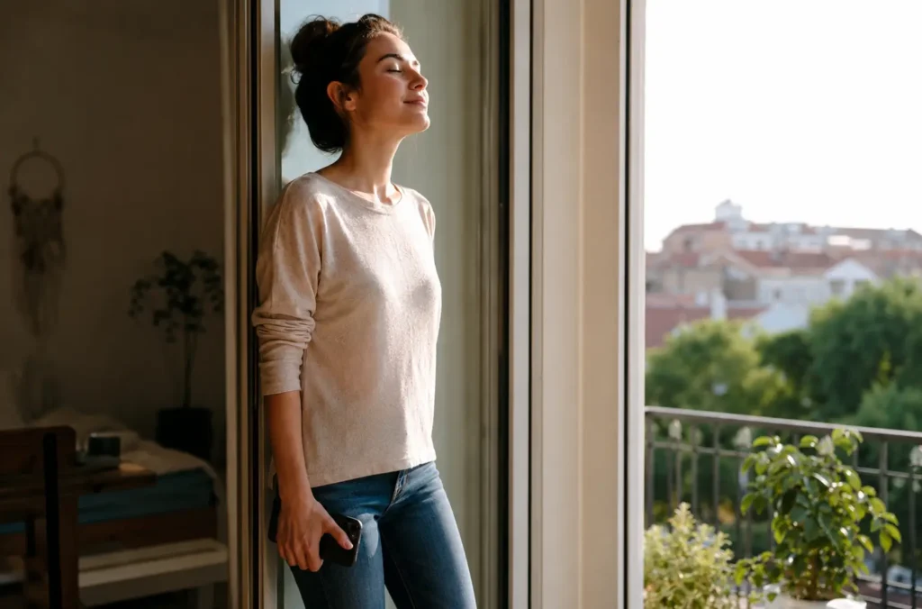 Me despierto pensando en mi ex: cómo bajar la intensidad al empezar el día 33 Mujer respirando junto a la ventana mientras evita mirar el móvil después de una ruptura