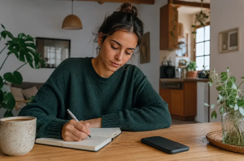 Mujer escribiendo en un diario para poner límites después de reconocer señales de breadcrumbing
