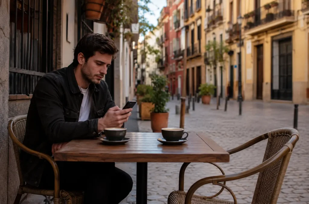Hombre esperando solo en una cafetería tras un plan que no se concretó por migajas de amor