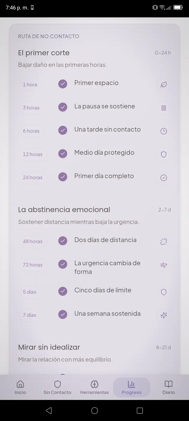 Aplicación de Contacto Cero 55 ruta guiada para superar una ruptura amorosa