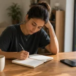 Mujer escribiendo en un cuaderno para cortar el bucle mental tras una ruptura