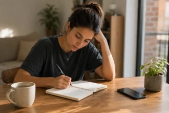 Mujer escribiendo en un cuaderno para cortar el bucle mental tras una ruptura