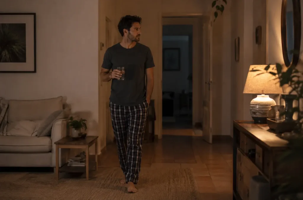 Hombre caminando por casa con calma después de despertarse con ansiedad por la noche