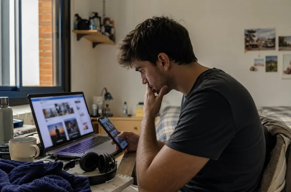 Errores que rompen el contacto cero: qué evitar y qué hacer hoy 32 Hombre revisando redes sociales de su expareja durante contacto cero en una habitación
