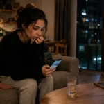 Mujer mirando el móvil por la noche antes de escribir a su ex, uno de los errores que rompen el contacto cero