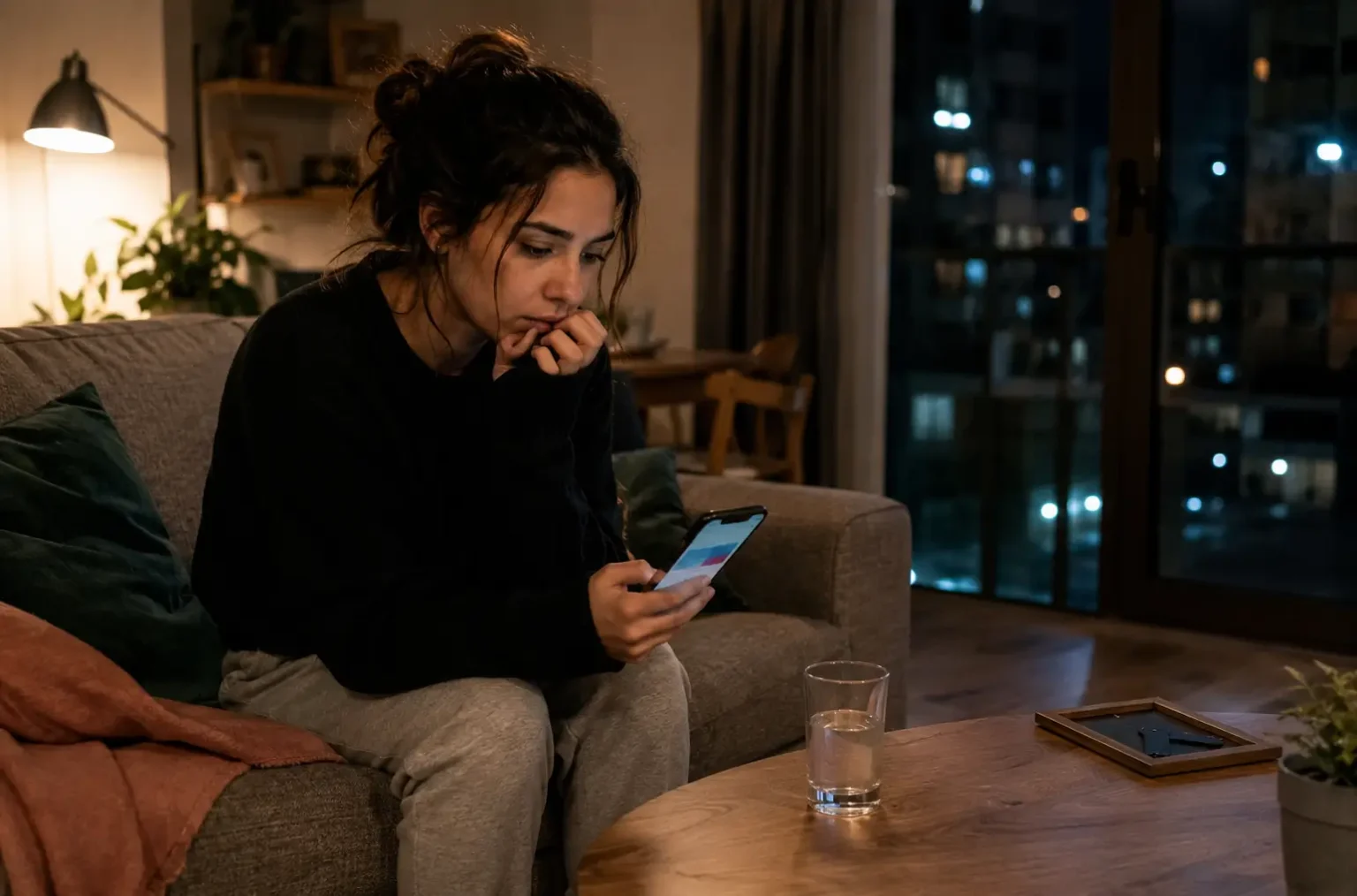 Errores que rompen el contacto cero: qué evitar y qué hacer hoy 31 Mujer mirando el móvil por la noche antes de escribir a su ex, uno de los errores que rompen el contacto cero