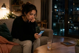 Mujer mirando el móvil por la noche antes de escribir a su ex, uno de los errores que rompen el contacto cero