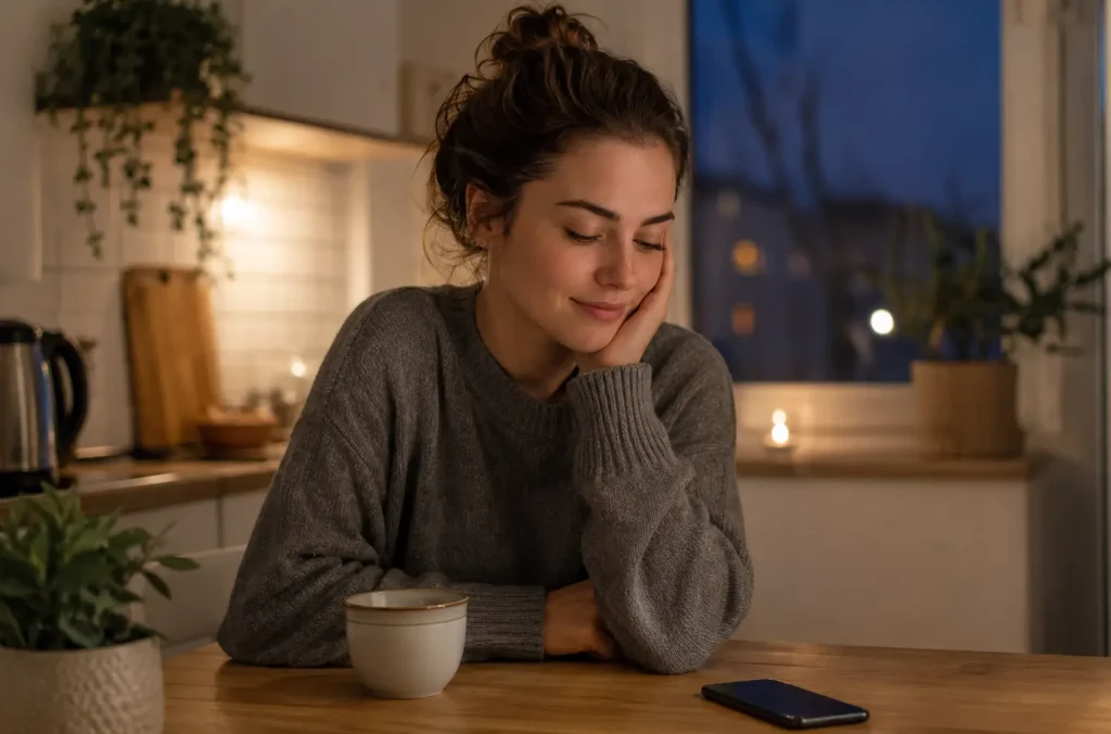 Cómo frenar el impulso con una App para no escribirle a tu ex 33 Mujer tranquila con el móvil apartado después de frenar el impulso de contactar a su ex