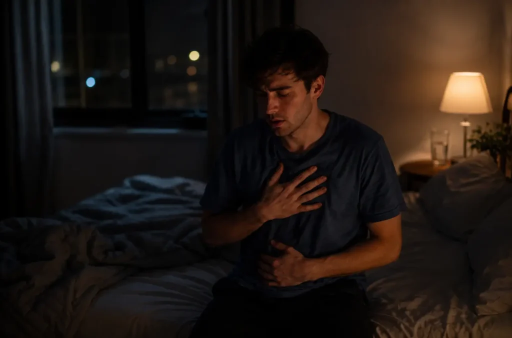 Hombre practicando una respiración lenta durante un episodio de ansiedad nocturna