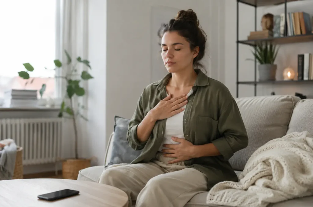 Cómo cortar el bucle mental ocasionado por una ruptura 33 Mujer practicando respiración consciente para calmar los pensamientos sobre su ex